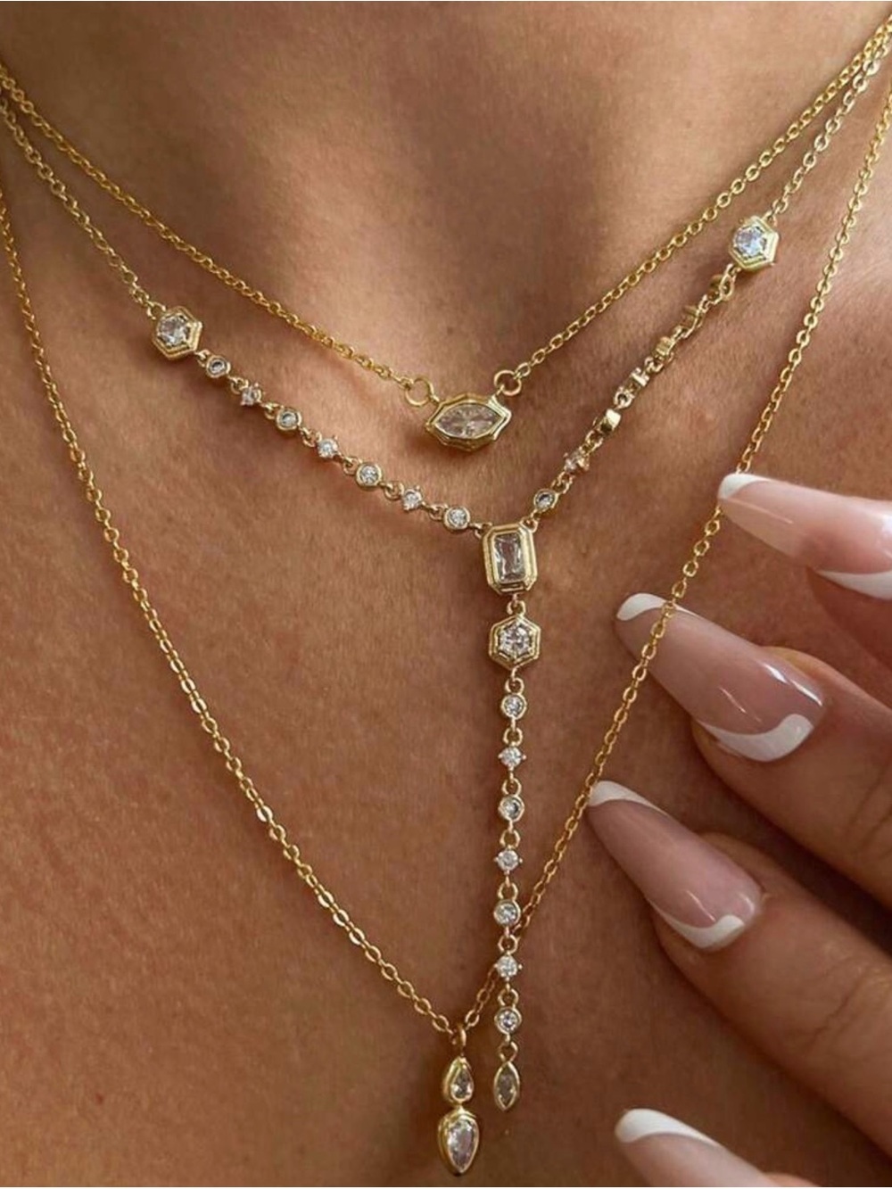 Three necklaces,Delicate Gold Layered CZ Necklace - Gold